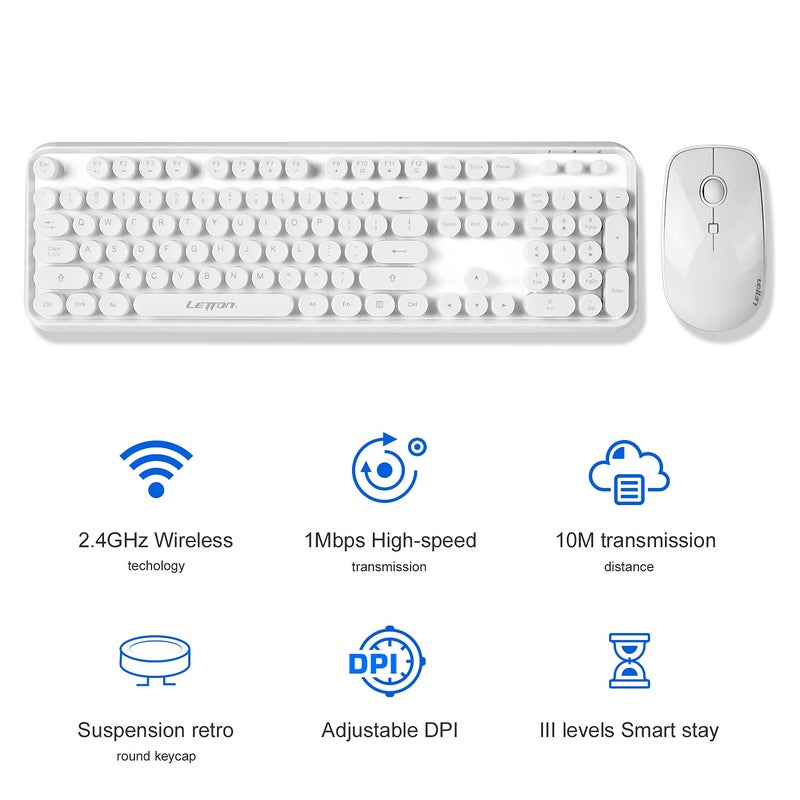 Letton Wireless Keyboard Mouse Combo, 2.4GHz Wireless White Keyboard with 104 Retro Typewriter Keycaps,Letton Full Size Keyboard and Cute Mouse with 3 DPI for Computer PC Desktop Laptop - Image 3